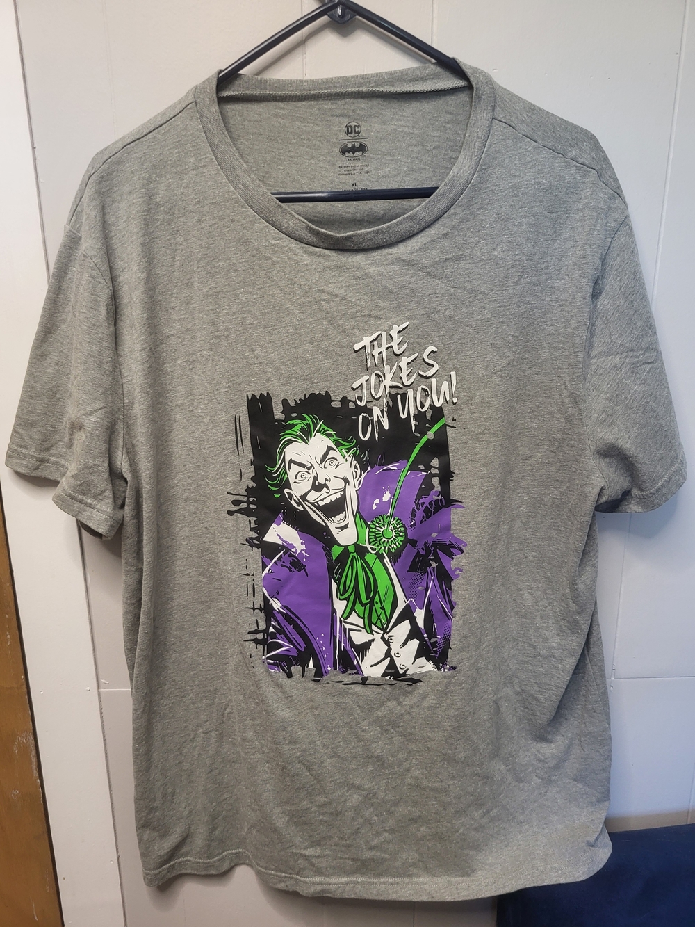DC Comics Gray Short Sleeve Tee with Purple & Green Joker Graphic